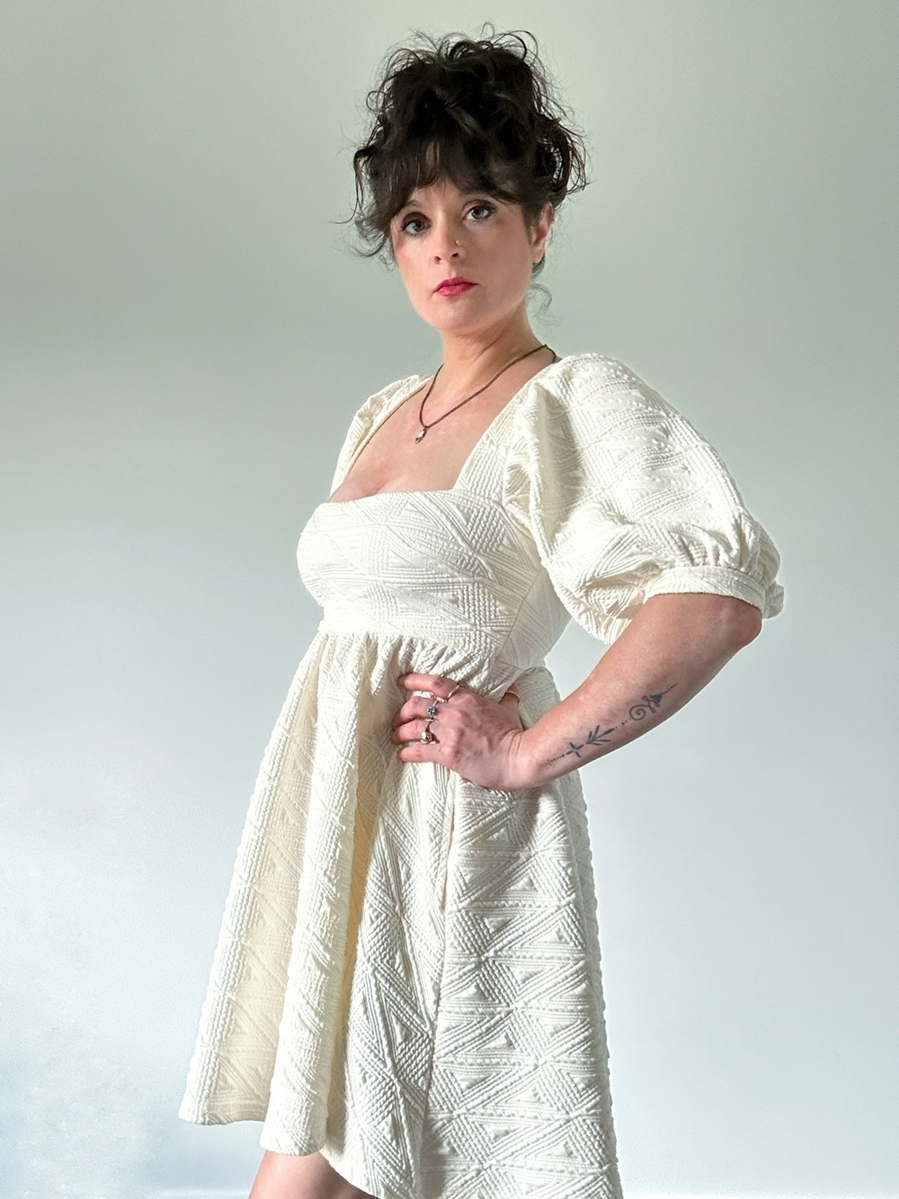 Free People Ivory Textured Midi Dress | Puff Sleeves | Pockets | XS